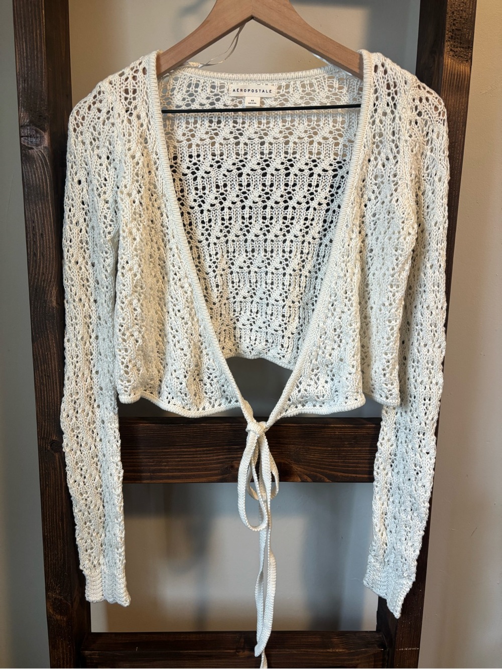 Aeropostale Women's Cream Crochet Tie-Front Sweater